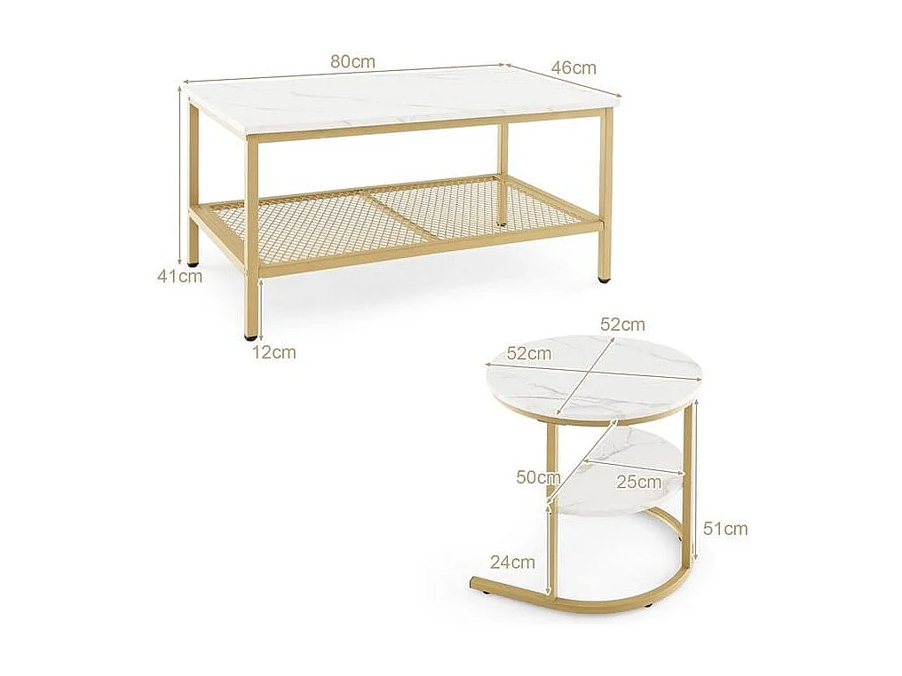 2er Set Couchtisch Beistelltisch Marmor Optik mit Metallrahmen & Ablage Gold und Weiß