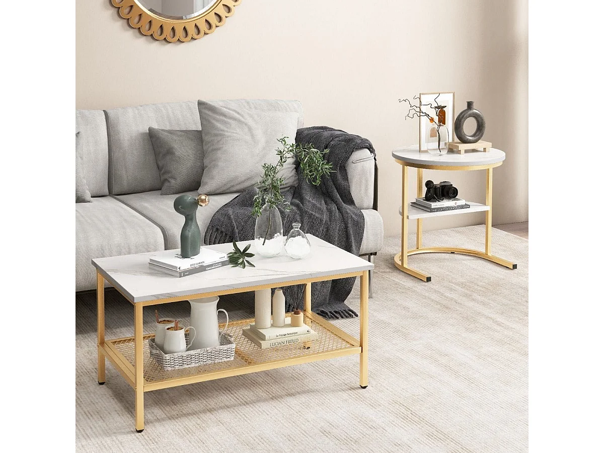 2er Set Couchtisch Beistelltisch Marmor Optik mit Metallrahmen & Ablage Gold und Weiß