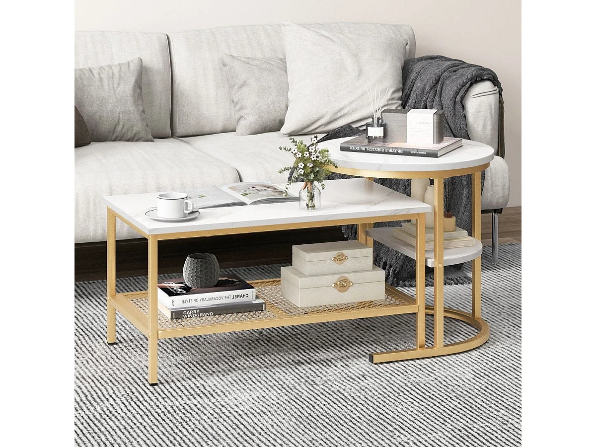 2er Set Couchtisch Beistelltisch Marmor Optik mit Metallrahmen & Ablage Gold und Weiß