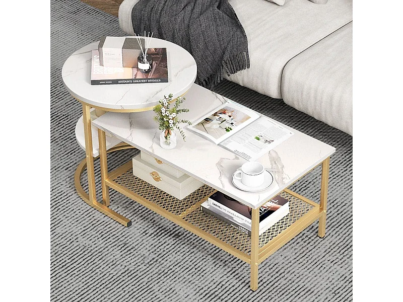 Lot de 2 Tables Basses Gigognes Scandinaves Table d'Appoint Imprimée Marbre Repose-pieds Réglables Cadre en Métal Doré