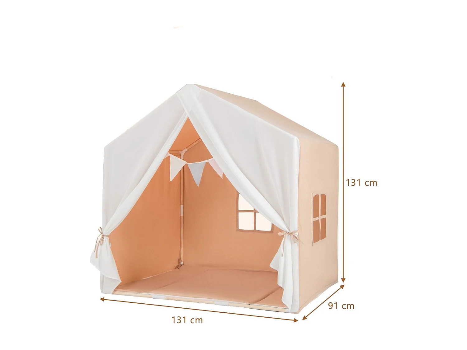 Kinderzelt mit waschbarer Baumwollmatte & Flaggenbanner Spielzelt mit Fenstern 131 x 91 x 131 cm Hellbraun
