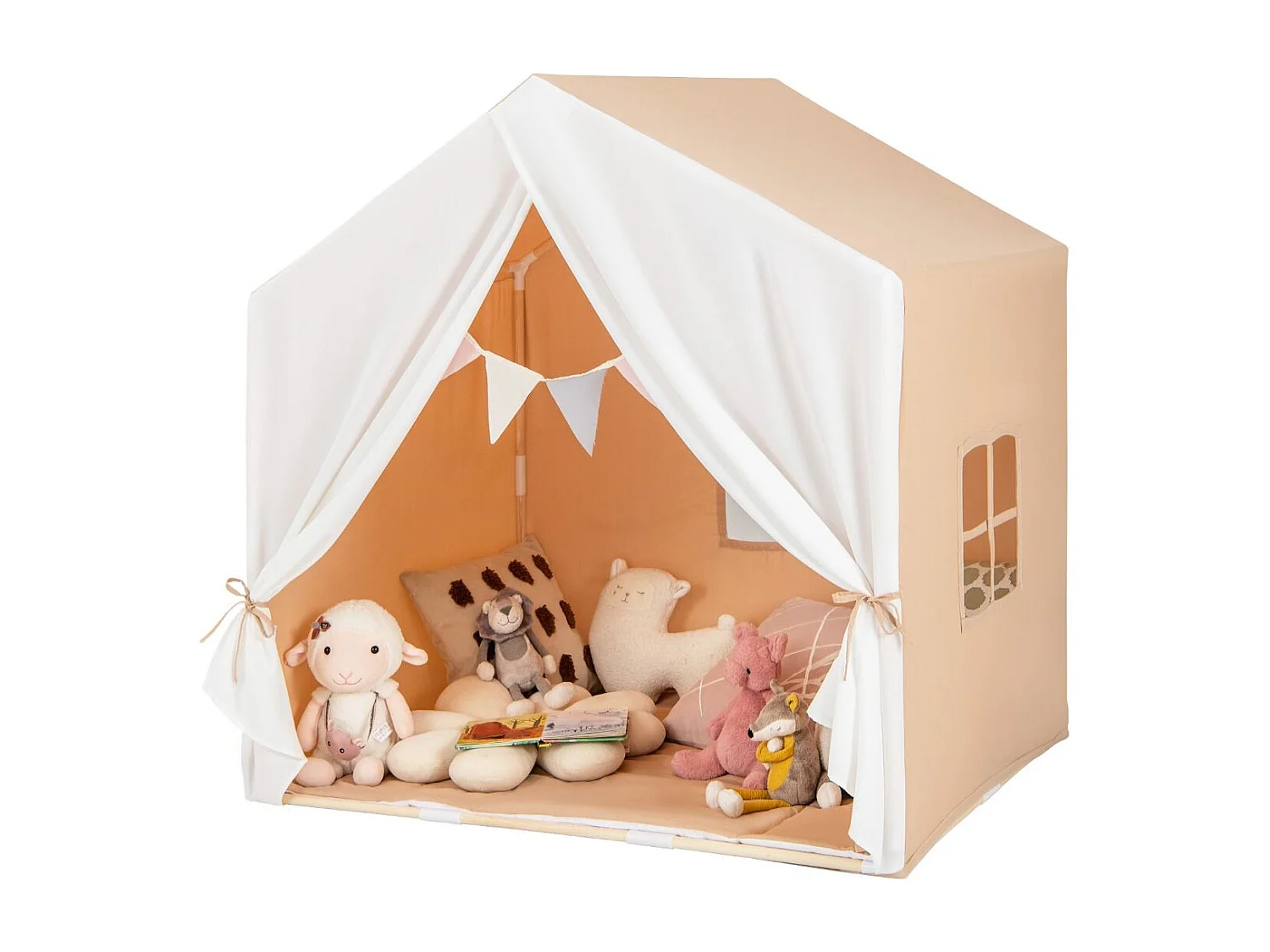 Kinderzelt mit waschbarer Baumwollmatte & Flaggenbanner Spielzelt mit Fenstern 131 x 91 x 131 cm Hellbraun