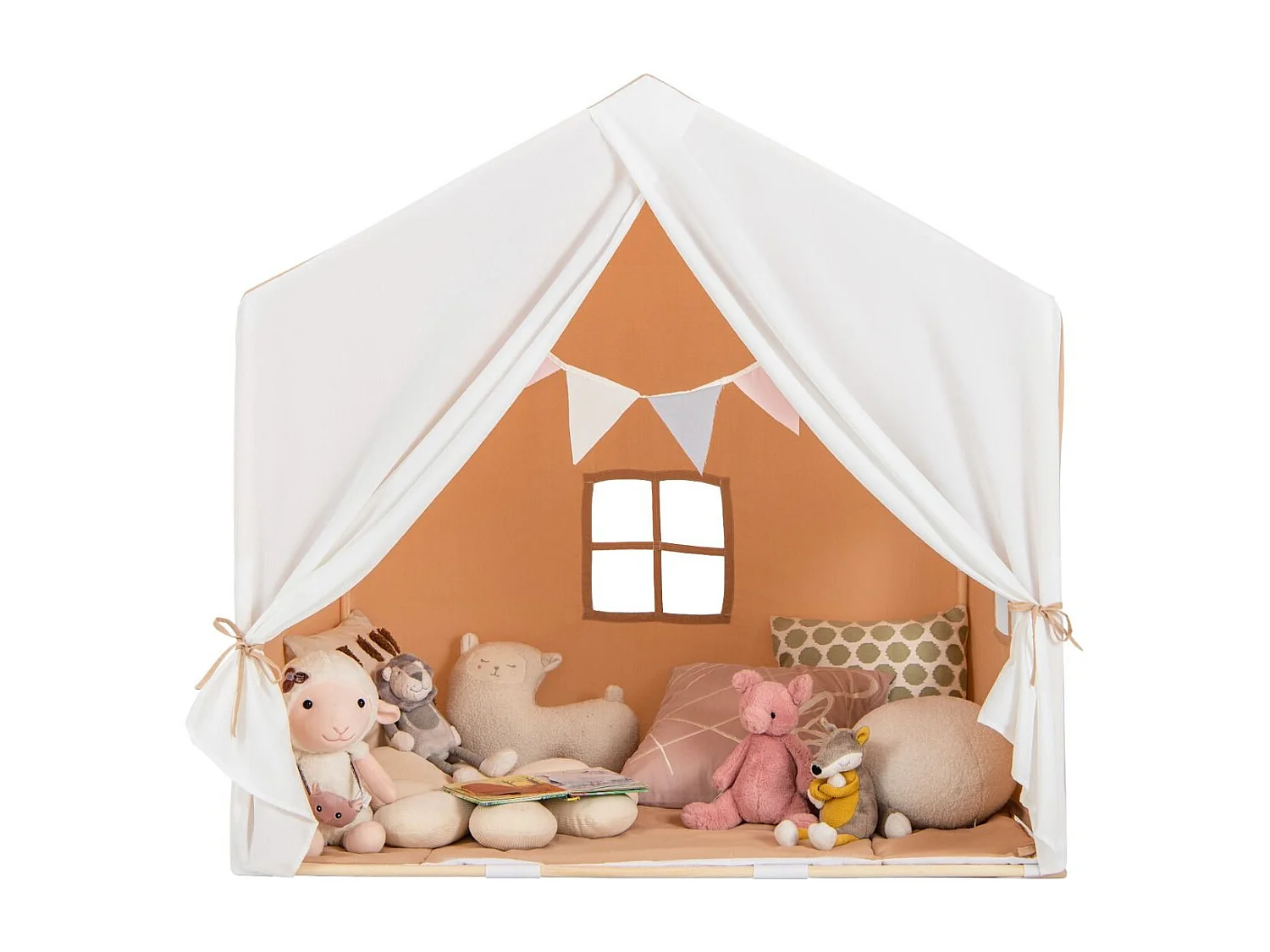 Kinderzelt mit waschbarer Baumwollmatte & Flaggenbanner Spielzelt mit Fenstern 131 x 91 x 131 cm Hellbraun