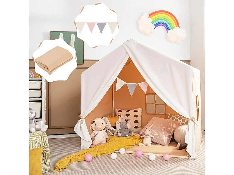 Kinderzelt mit waschbarer Baumwollmatte & Flaggenbanner Spielzelt mit Fenstern 131 x 91 x 131 cm Hellbraun
