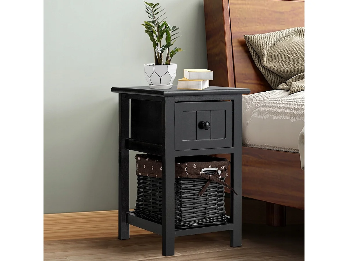 Comodino cassettiera con cesto in vimini e 1 cassetto da bagno e camera 31x28x45cm Nero