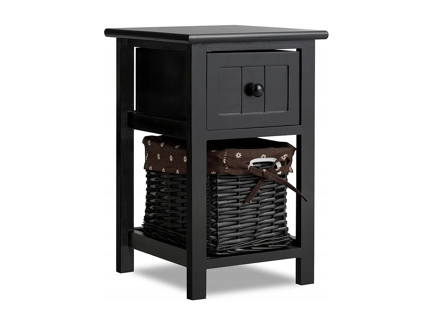 Comodino cassettiera con cesto in vimini e 1 cassetto da bagno e camera 31x28x45cm Nero