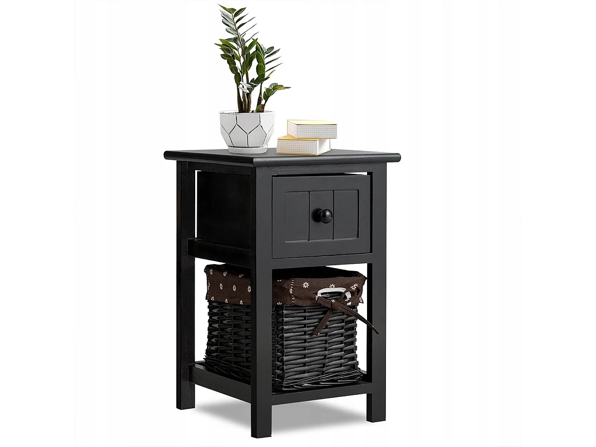 Comodino cassettiera con cesto in vimini e 1 cassetto da bagno e camera 31x28x45cm Nero