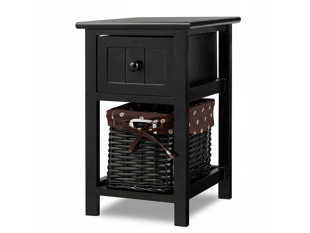 Comodino cassettiera con cesto in vimini e 1 cassetto da bagno e camera 31x28x45cm Nero