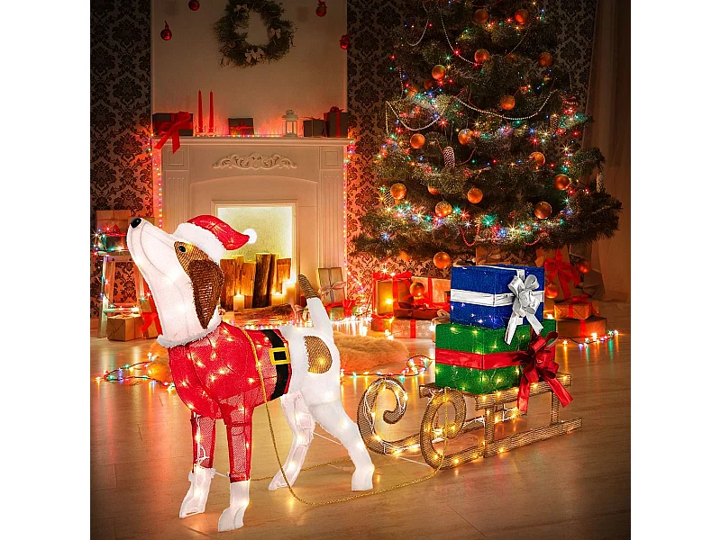 Hund mit Schlitten und Geschenkboxen Weihnachtsdeko mit 170 Warmen LED Lichtern