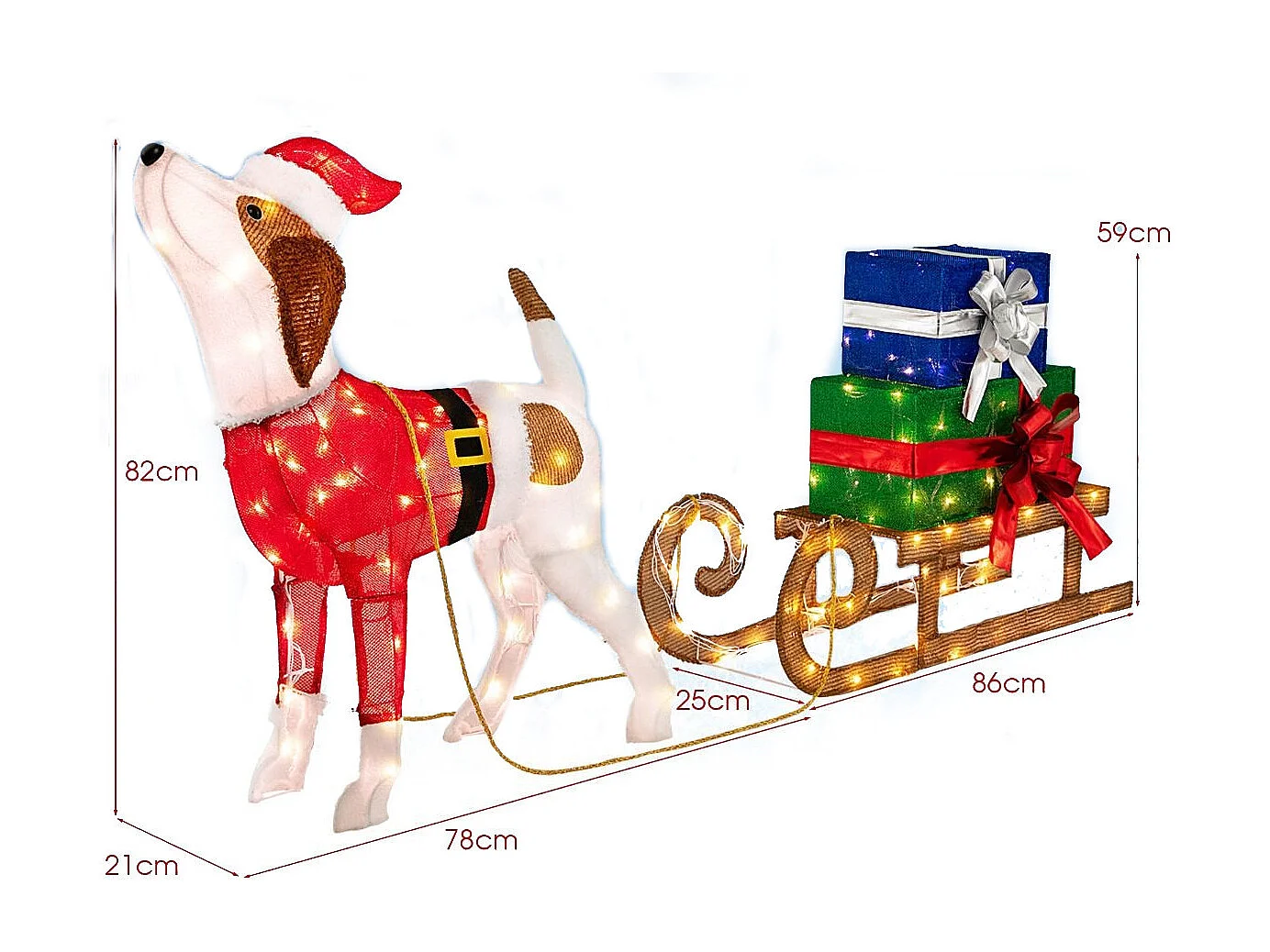 Hund mit Schlitten und Geschenkboxen Weihnachtsdeko mit 170 Warmen LED Lichtern