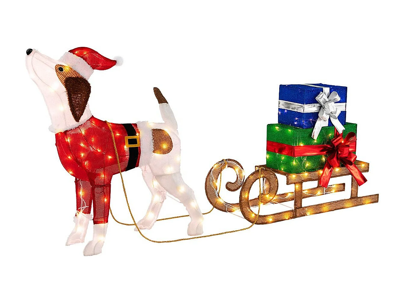 Hund mit Schlitten und Geschenkboxen Weihnachtsdeko mit 170 Warmen LED Lichtern