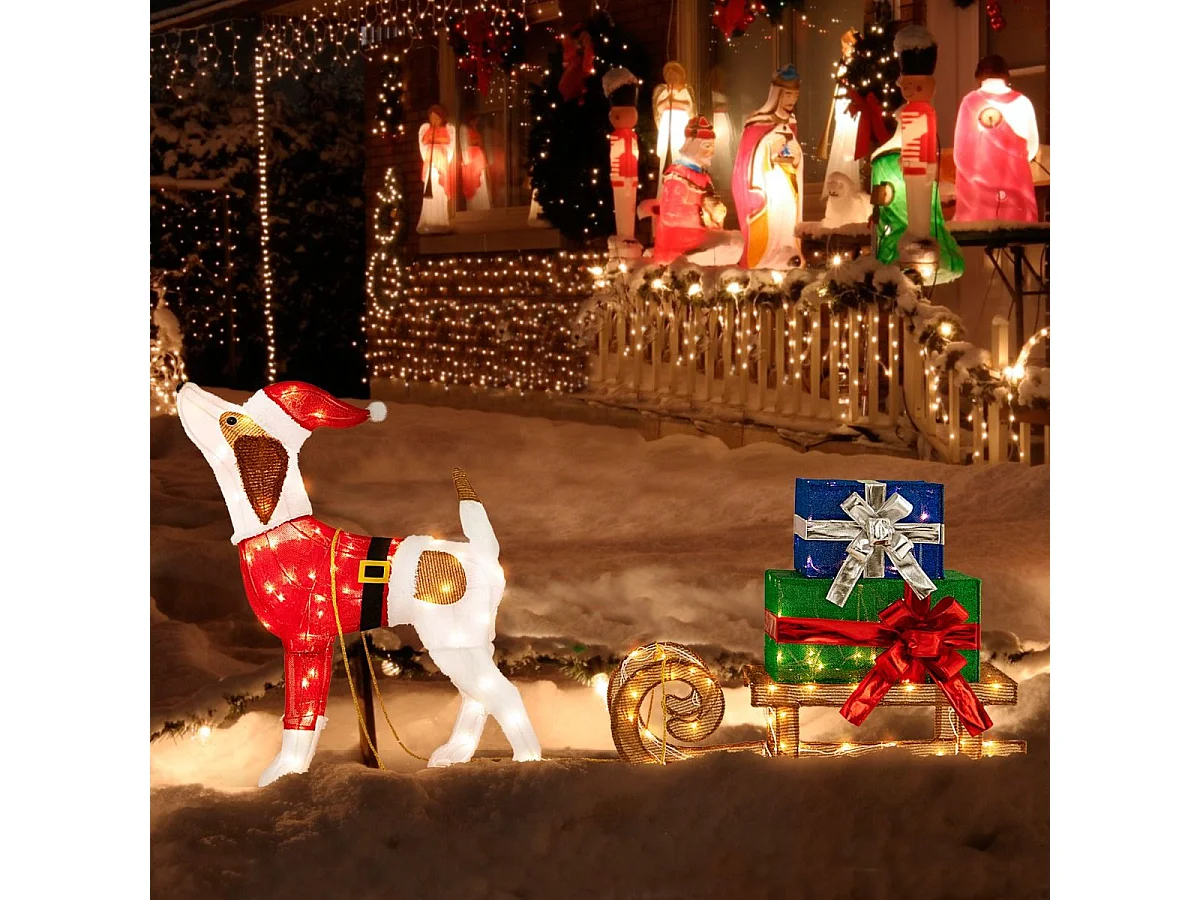 Hund mit Schlitten und Geschenkboxen Weihnachtsdeko mit 170 Warmen LED Lichtern