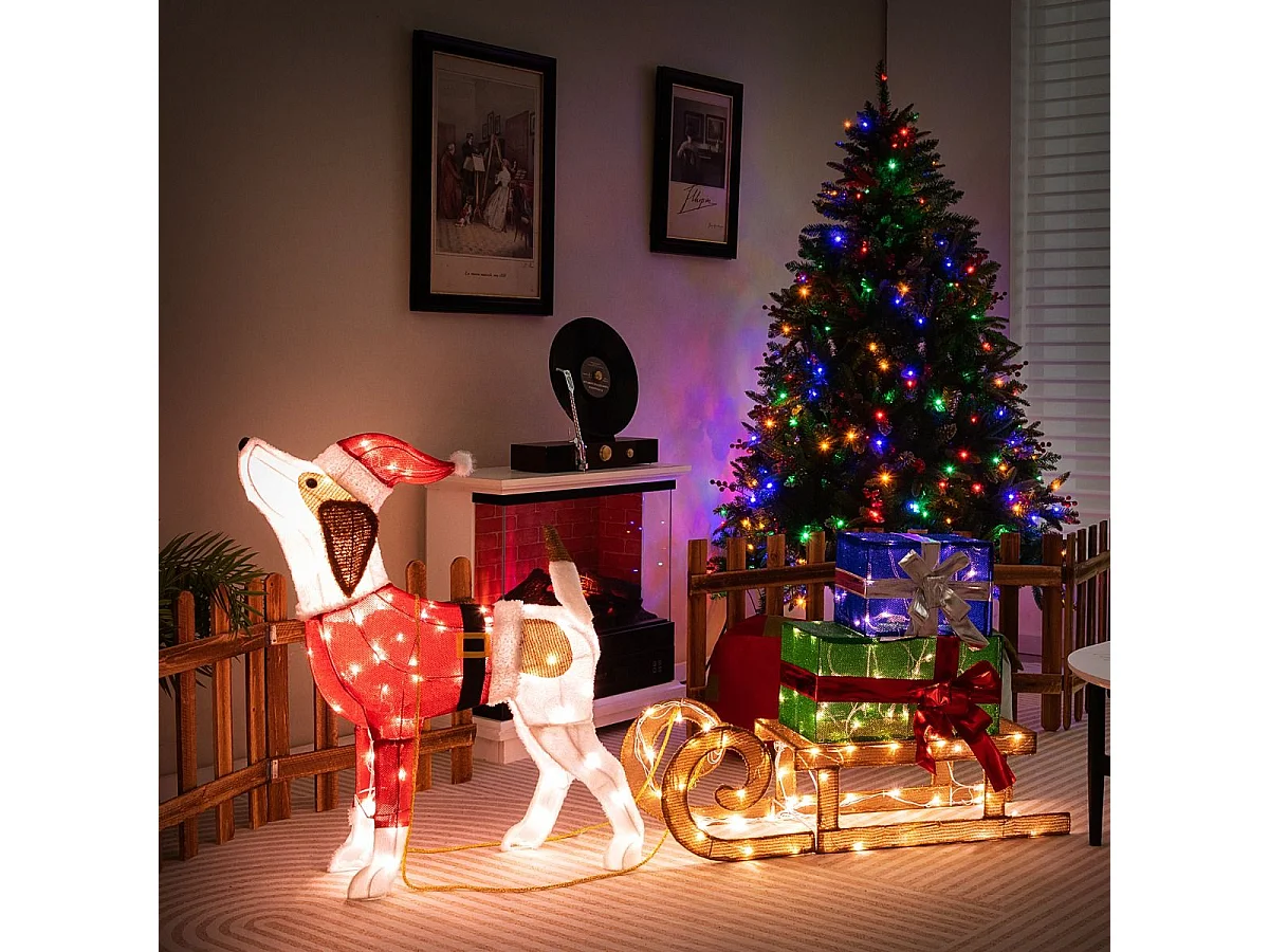 Hund mit Schlitten und Geschenkboxen Weihnachtsdeko mit 170 Warmen LED Lichtern