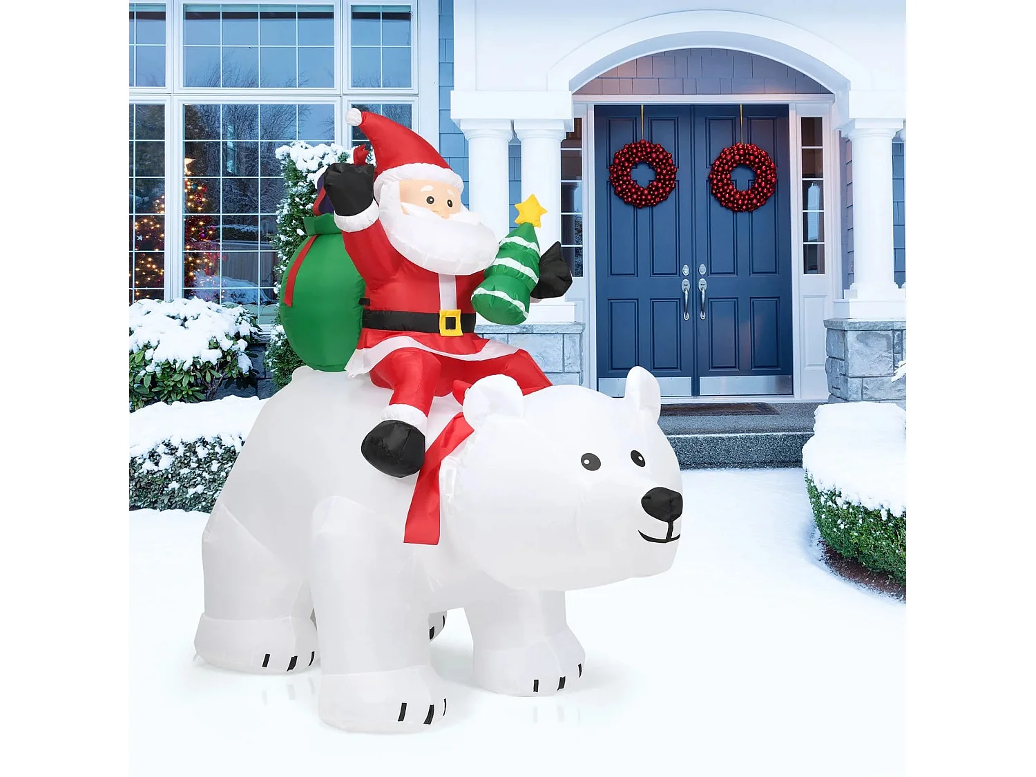 Aufblasbarer Eisbär & reitender Weihnachtsmann, Weihnachtsfigur mit LEDs, Weihnachtsdeko inkl. Gebläse & Zubehör 200cm