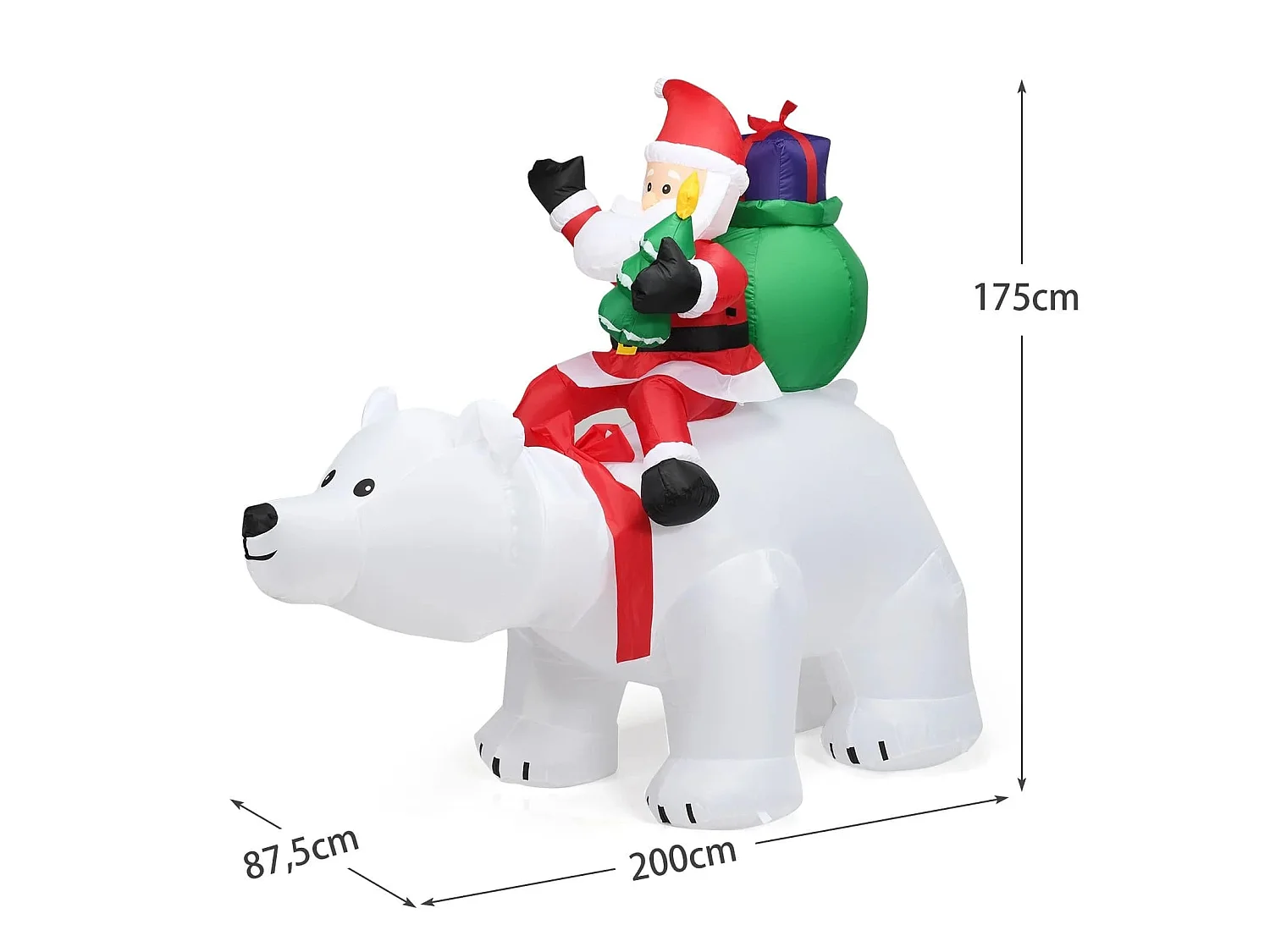Aufblasbarer Eisbär & reitender Weihnachtsmann, Weihnachtsfigur mit LEDs, Weihnachtsdeko inkl. Gebläse & Zubehör 200cm