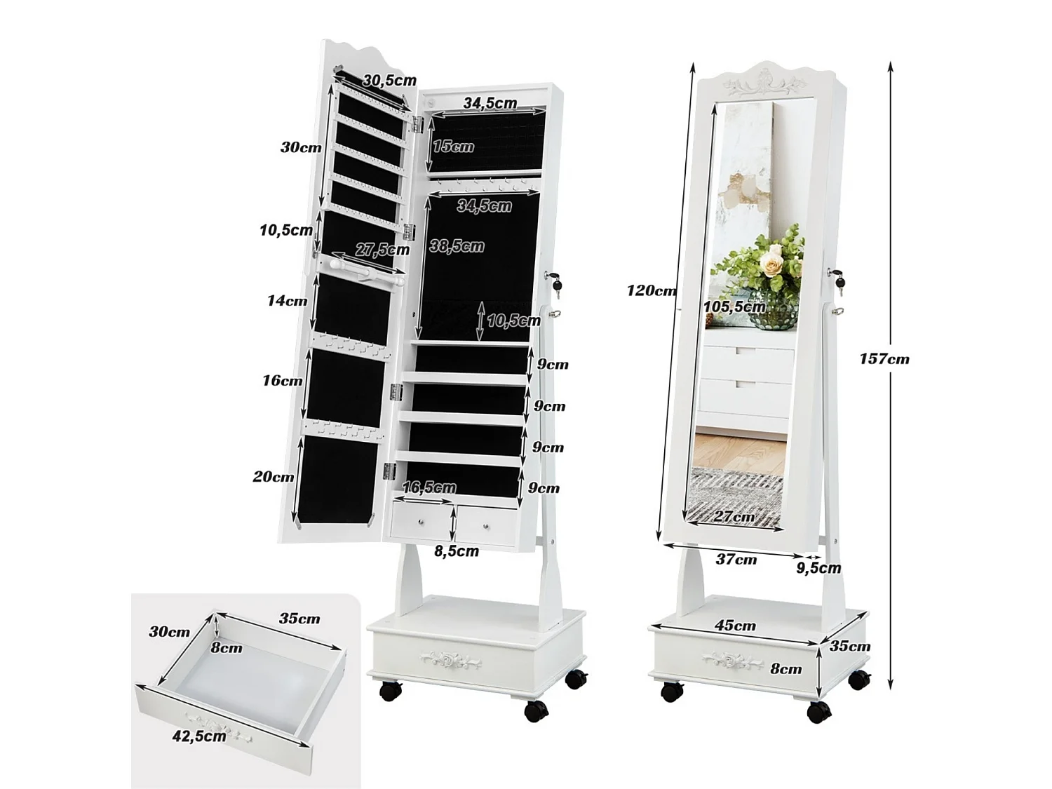 Schmuckschrank Spiegelschrank mit Ganzkörperspiegel & Schubladen & LED Weiß
