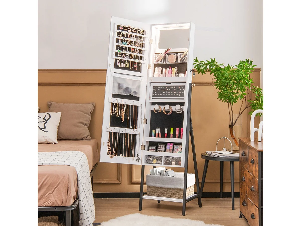 Schmuckschrank mit Spiegel & 3-farbigen LED Beleuchtung 41,5 x 37 x 157 cm Weiß