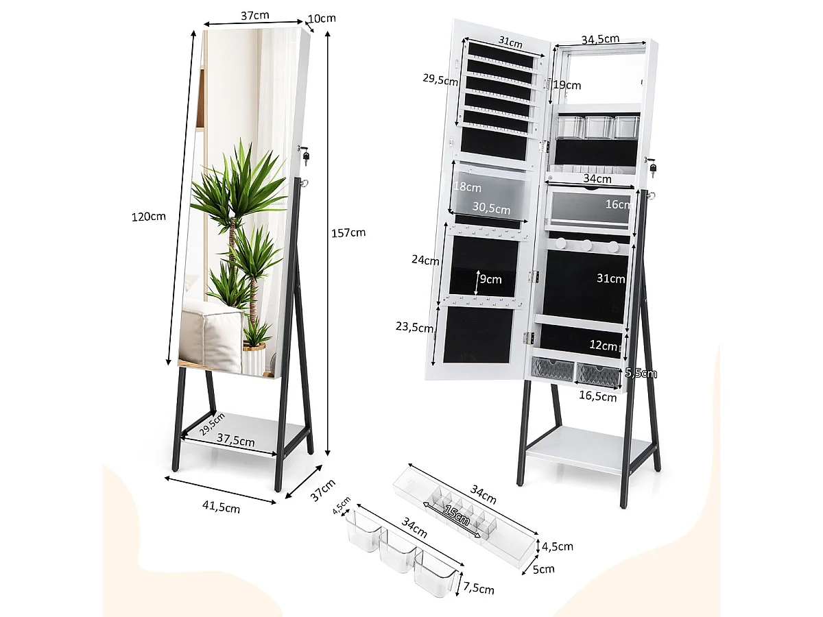 Schmuckschrank mit Spiegel & 3-farbigen LED Beleuchtung 41,5 x 37 x 157 cm Weiß