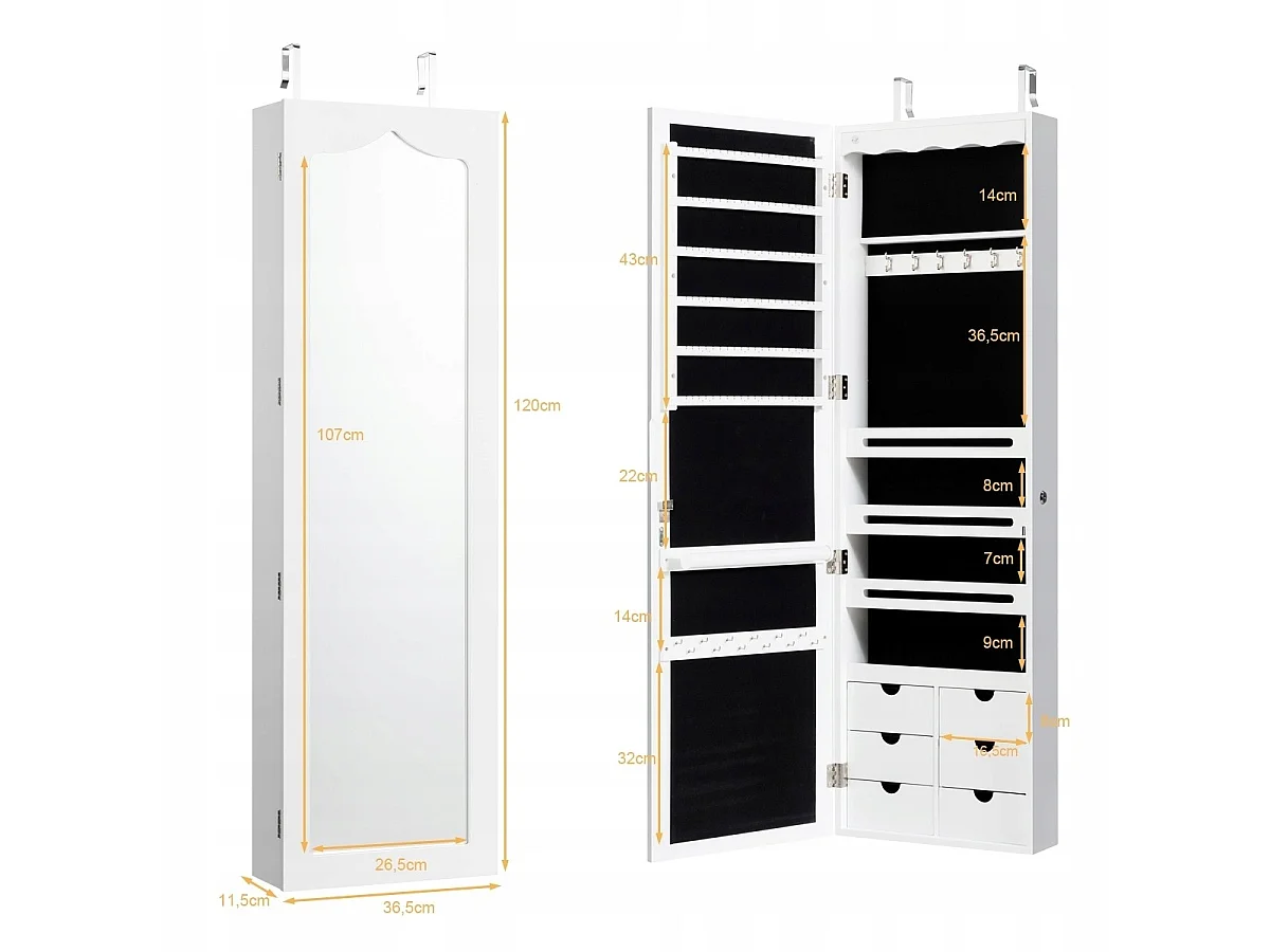 Schmuckschrank mit LED Abschließbarer Wand-/Türschmuckschrank mit Spiegel & 6 Schubläden Weiß