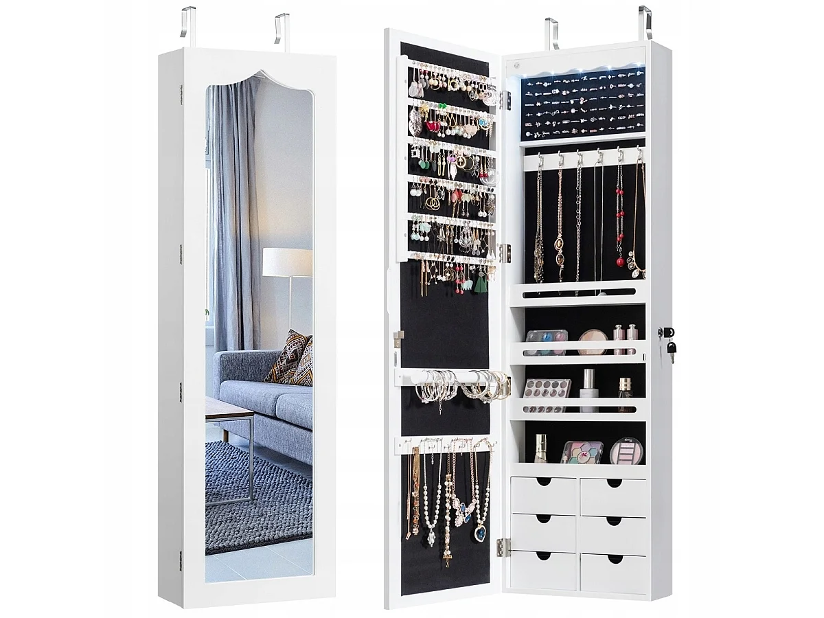 Schmuckschrank mit LED Abschließbarer Wand-/Türschmuckschrank mit Spiegel & 6 Schubläden Weiß
