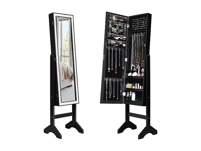 Freistehender Schmuckschrank mit Ganzkörperspiegel Schmuckregal  35,5 × 33 × 153 cm Schwarz