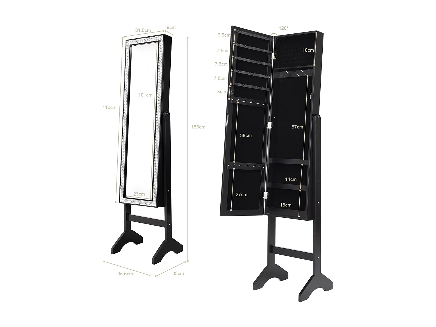 Freistehender Schmuckschrank mit Ganzkörperspiegel Schmuckregal  35,5 × 33 × 153 cm Schwarz