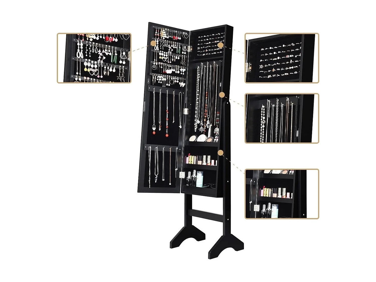 Freistehender Schmuckschrank mit Ganzkörperspiegel Schmuckregal  35,5 × 33 × 153 cm Schwarz