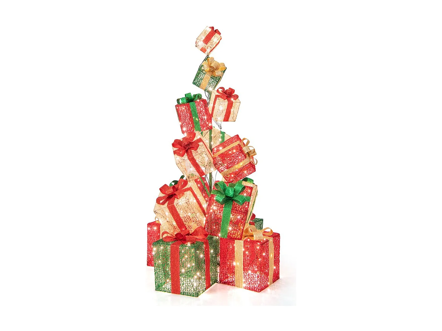 Torre di scatole regalo con 450 luci bianche calde, 15 Scatole regalo pre-illuminate impilate 100x100x170cm