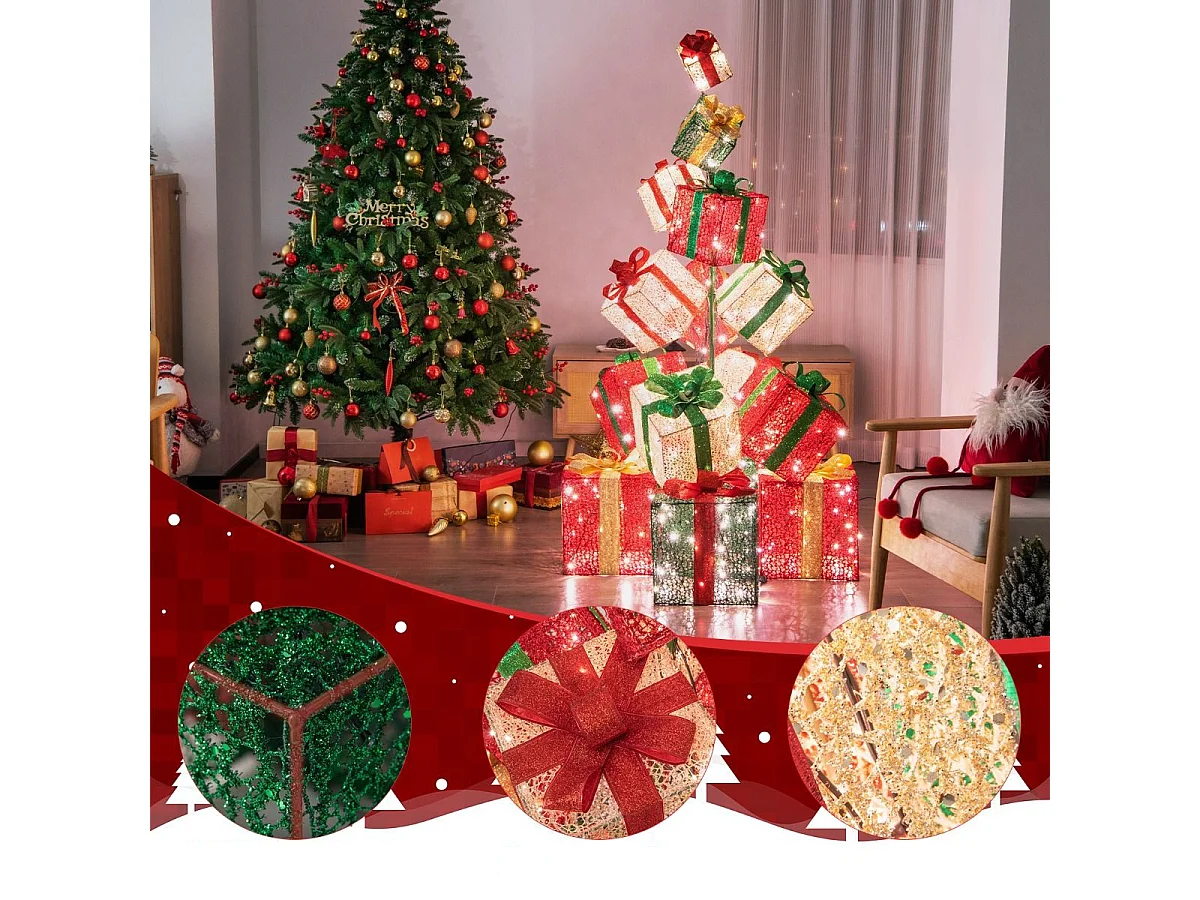 Torre di scatole regalo con 450 luci bianche calde, 15 Scatole regalo pre-illuminate impilate 100x100x170cm