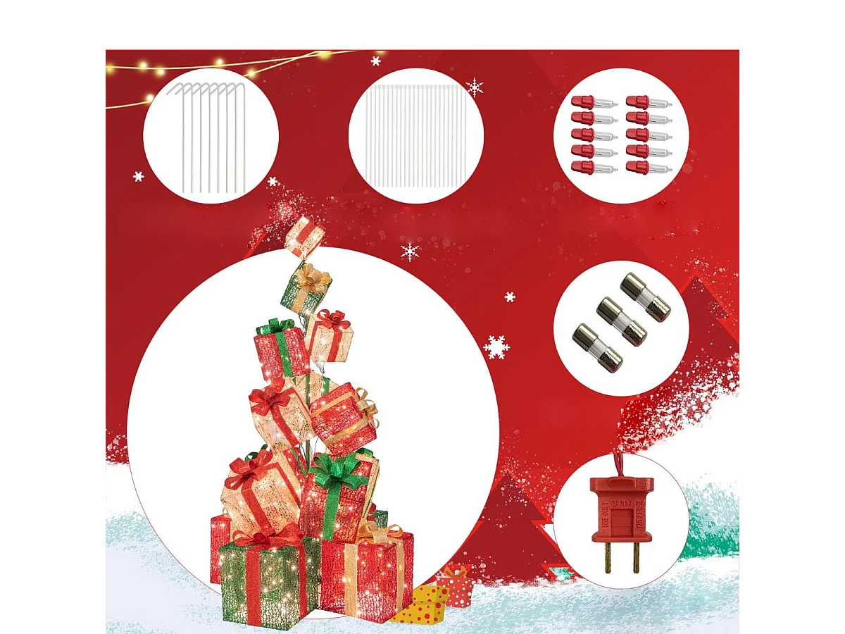 Torre di scatole regalo con 450 luci bianche calde, 15 Scatole regalo pre-illuminate impilate 100x100x170cm