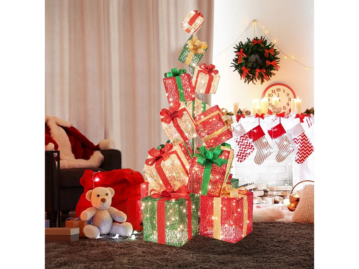 Torre di scatole regalo con 450 luci bianche calde, 15 Scatole regalo pre-illuminate impilate 100x100x170cm