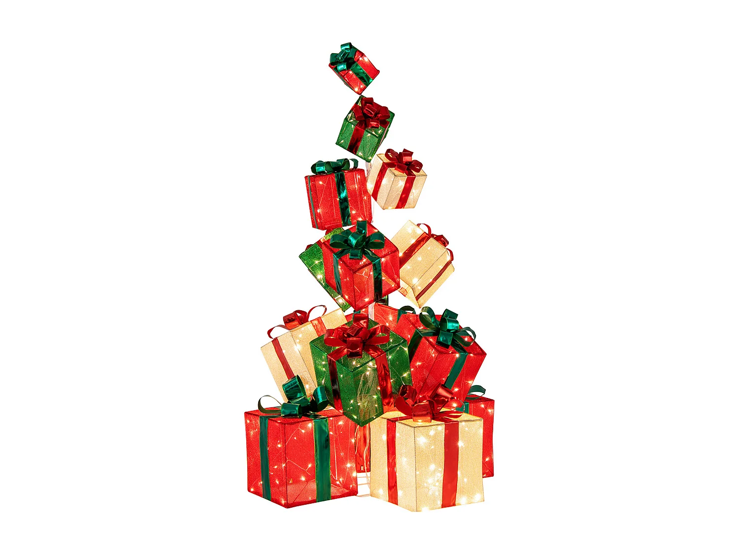 Torre di scatole regalo con 450 luci bianche calde, 15 Scatole regalo pre-illuminate impilate 100x100x170cm