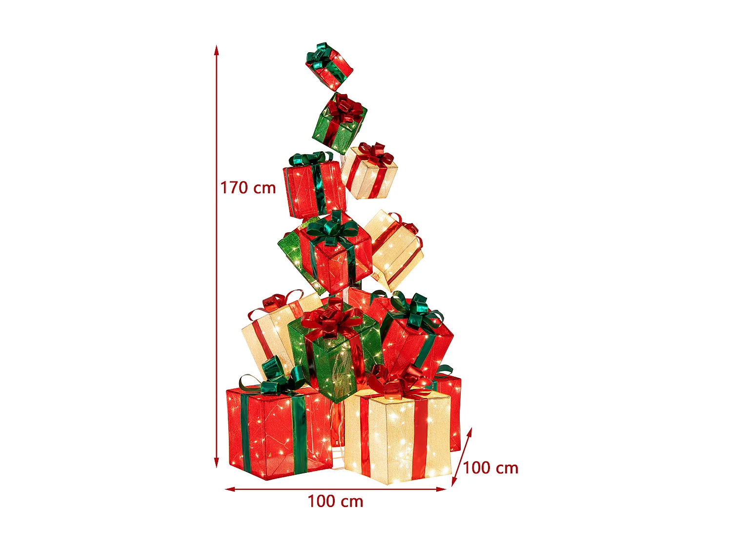Torre di scatole regalo con 450 luci bianche calde, 15 Scatole regalo pre-illuminate impilate 100x100x170cm