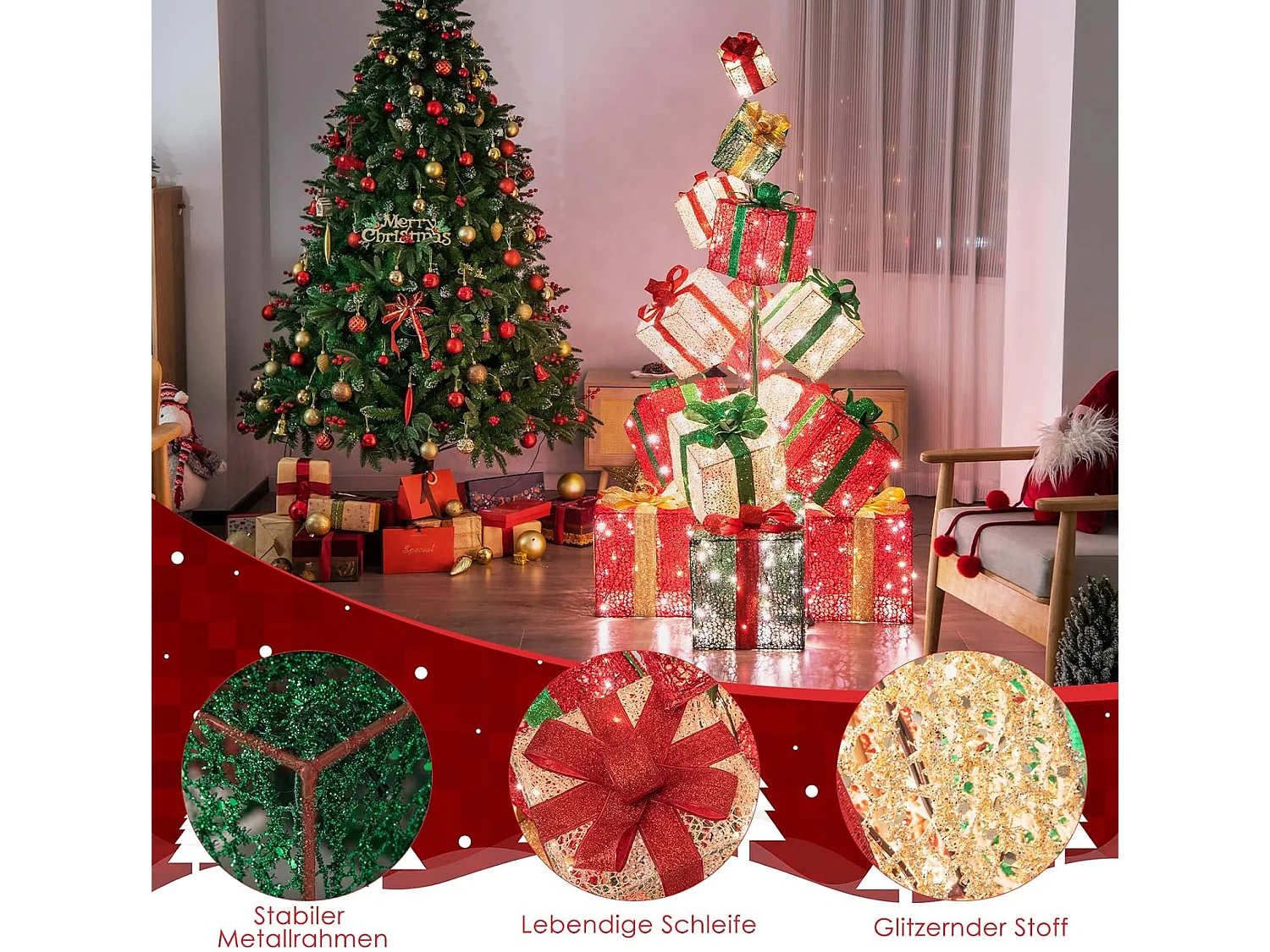 Torre di scatole regalo con 450 luci bianche calde, 15 Scatole regalo pre-illuminate impilate 100x100x170cm