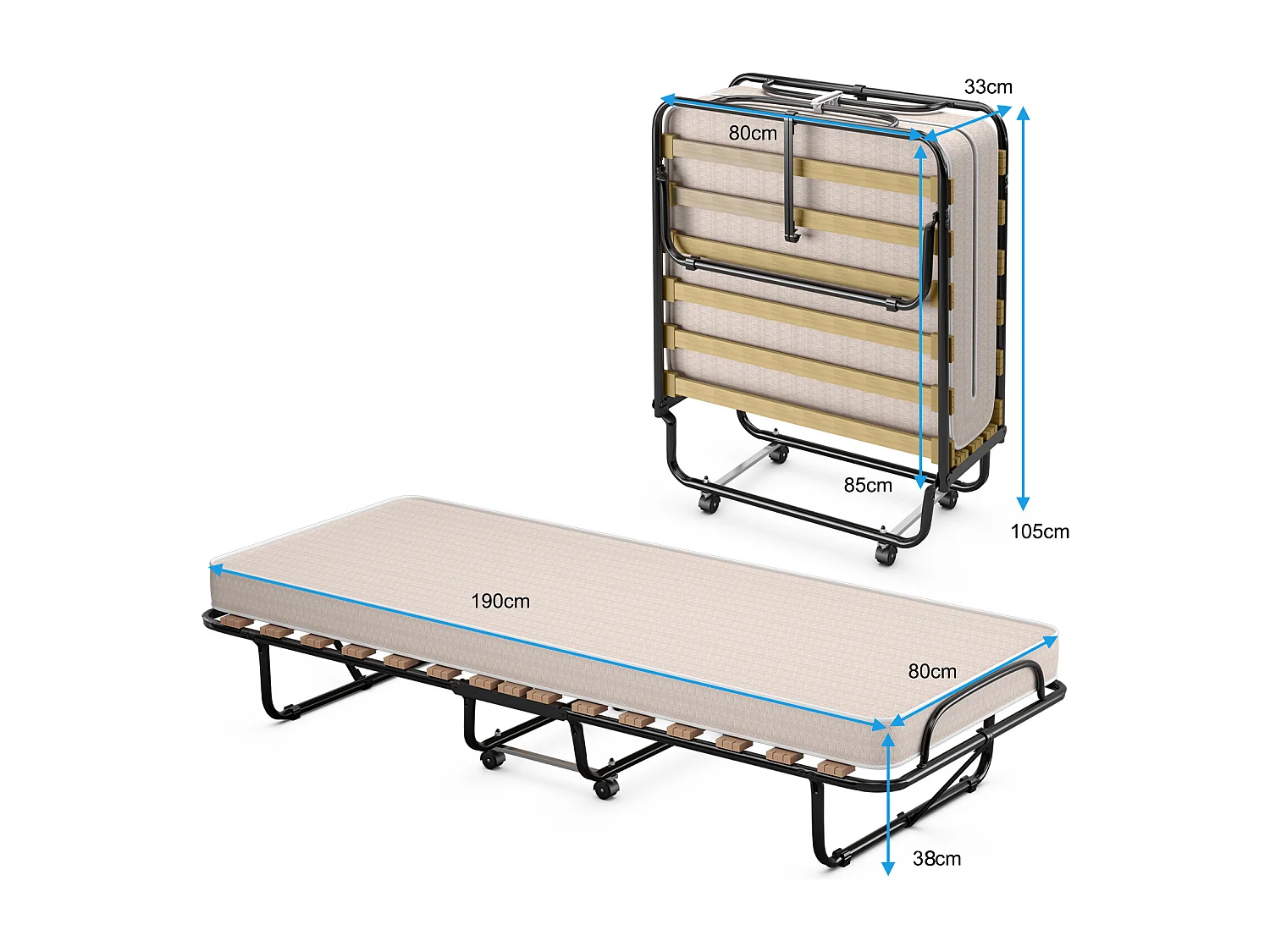 80x190cm Gästebett mit Matratze aus Rückstellschaum, Klappbares Einzelbett, Stabiler Metallbett bis 130kg belastbar,  Faltbett Gästezimmer, Tragbares Bett, Beige