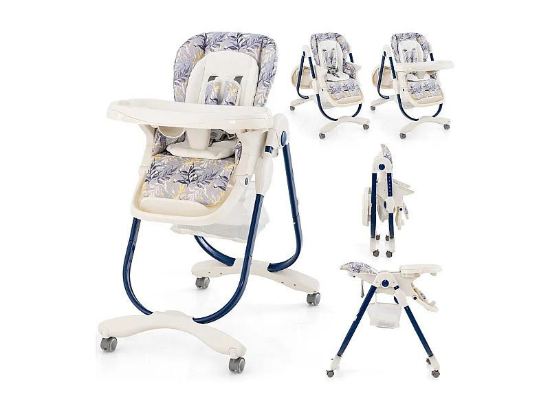 Klappbarer Hochstuhl mit Rädern & Verstellbarer Höhe & Fußstütze & Rückenlehne Babysitz Marineblau