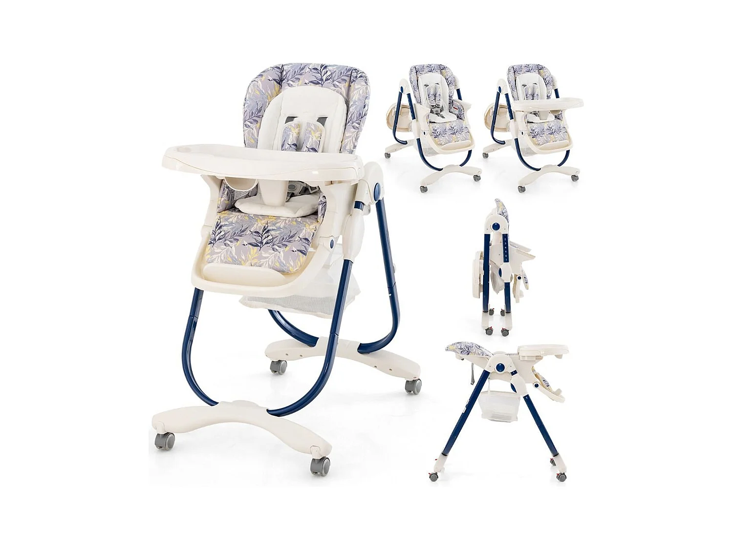 Chaise Haute Pliante pour Bébés Multifonctionnelle avec Roulettes Hauteur Réglable Repose-pieds Dossier Plateau Repas Amovible pour 6 à 36 Mois Bleu