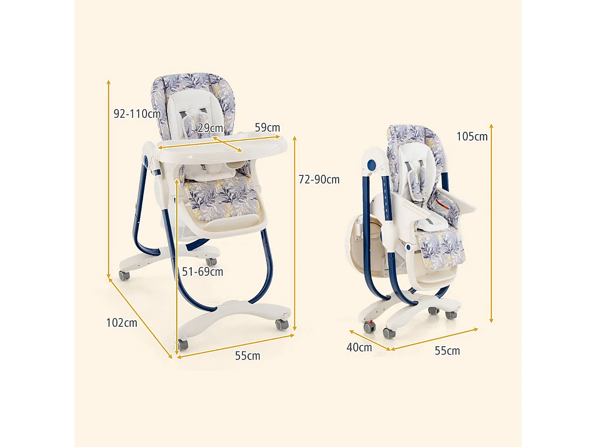 Klappbarer Hochstuhl mit Rädern & Verstellbarer Höhe & Fußstütze & Rückenlehne Babysitz Marineblau