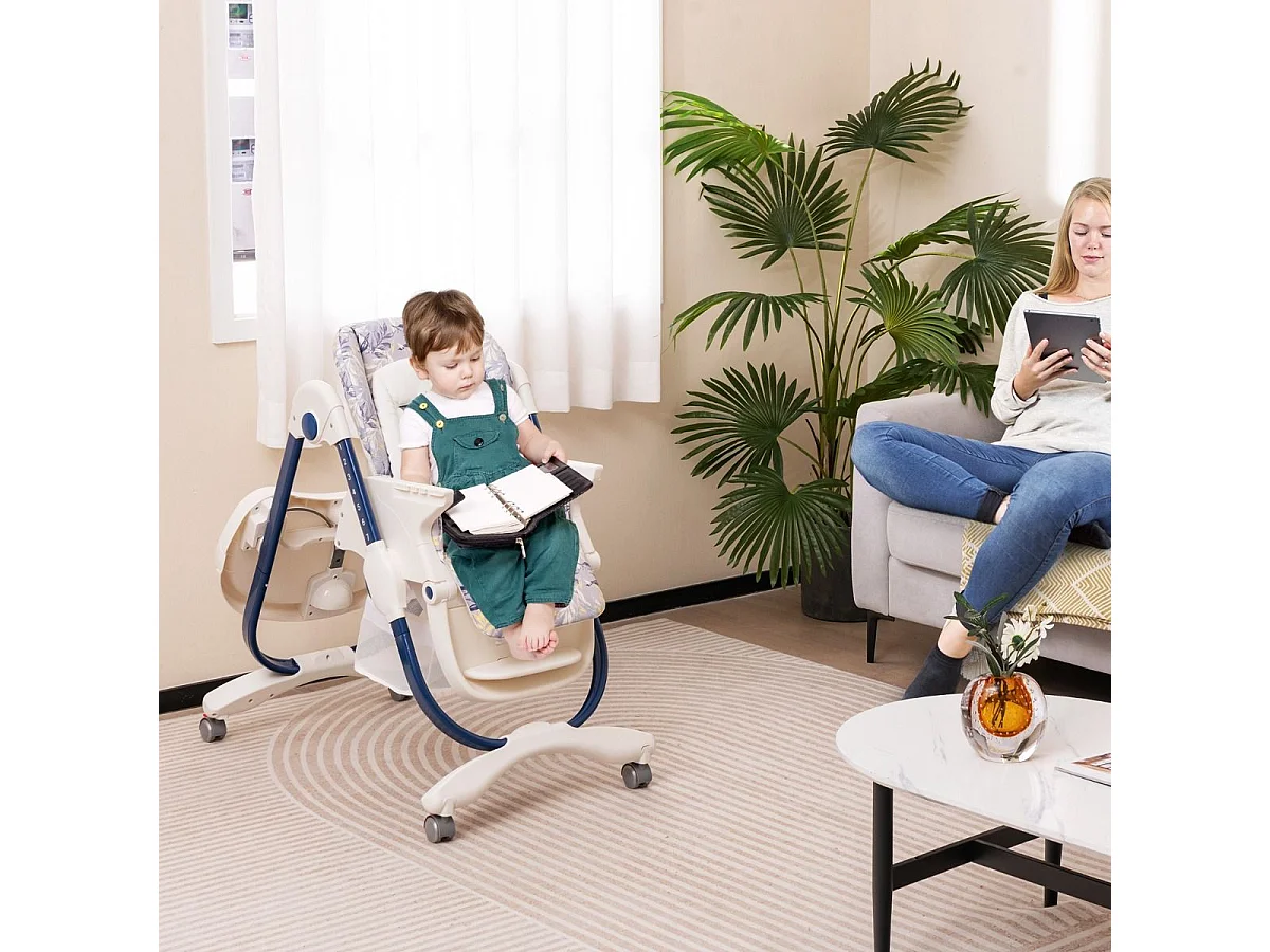Klappbarer Hochstuhl mit Rädern & Verstellbarer Höhe & Fußstütze & Rückenlehne Babysitz Marineblau