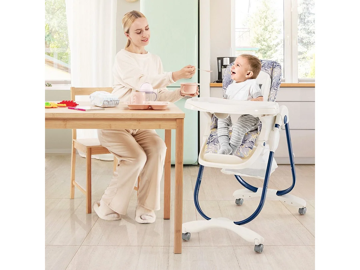 Klappbarer Hochstuhl mit Rädern & Verstellbarer Höhe & Fußstütze & Rückenlehne Babysitz Marineblau