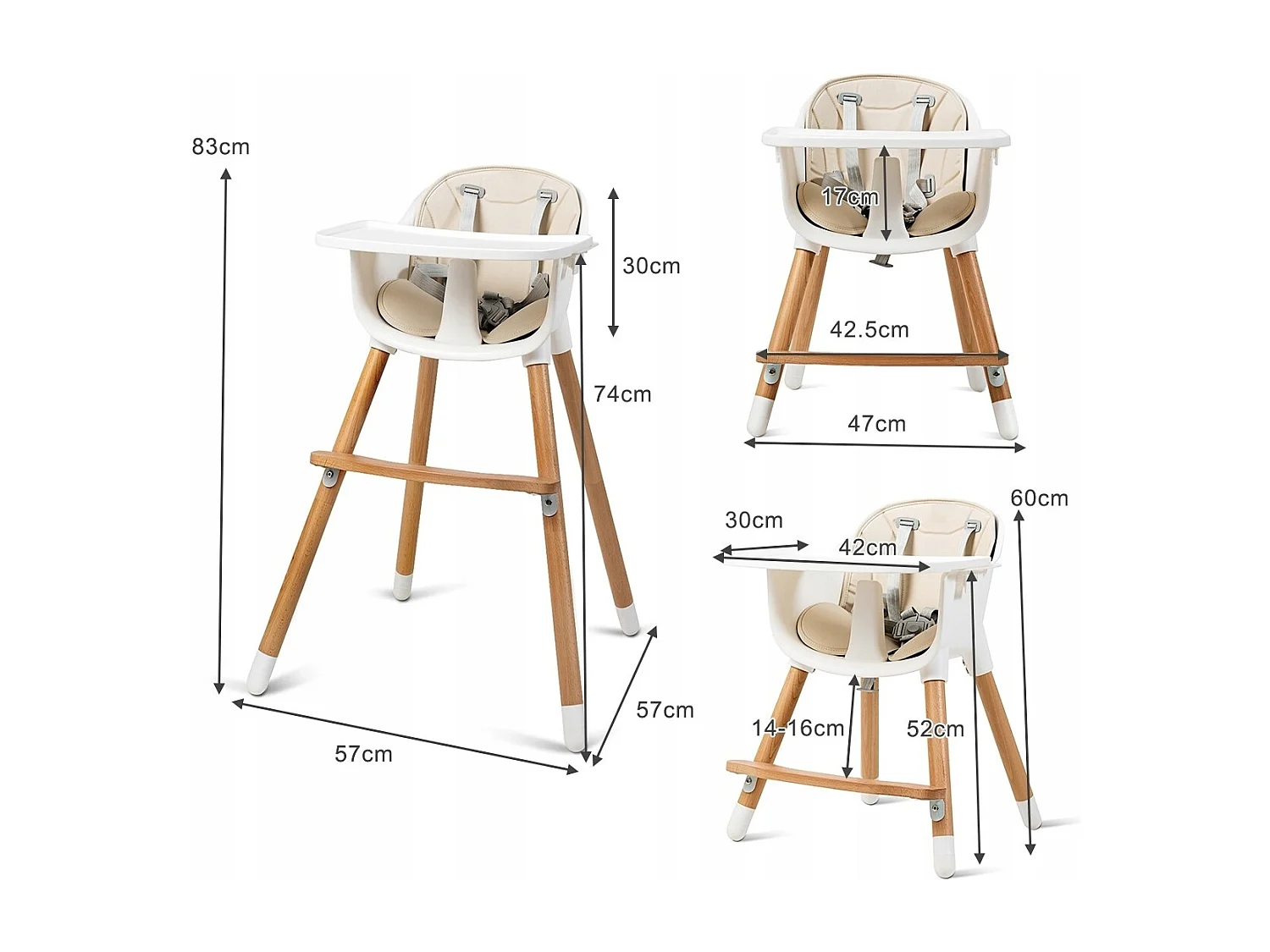 2-in-1 Babyhochstuhl Kinderhochstuhl aus Holz einstellbar 57 x 57 x 83 cm Cremeweiß + Natur