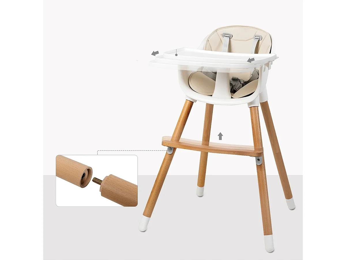 2-in-1 Babyhochstuhl Kinderhochstuhl aus Holz einstellbar 57 x 57 x 83 cm Cremeweiß + Natur