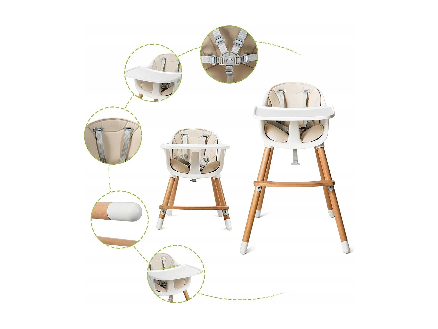2-in-1 Babyhochstuhl Kinderhochstuhl aus Holz einstellbar 57 x 57 x 83 cm Cremeweiß + Natur