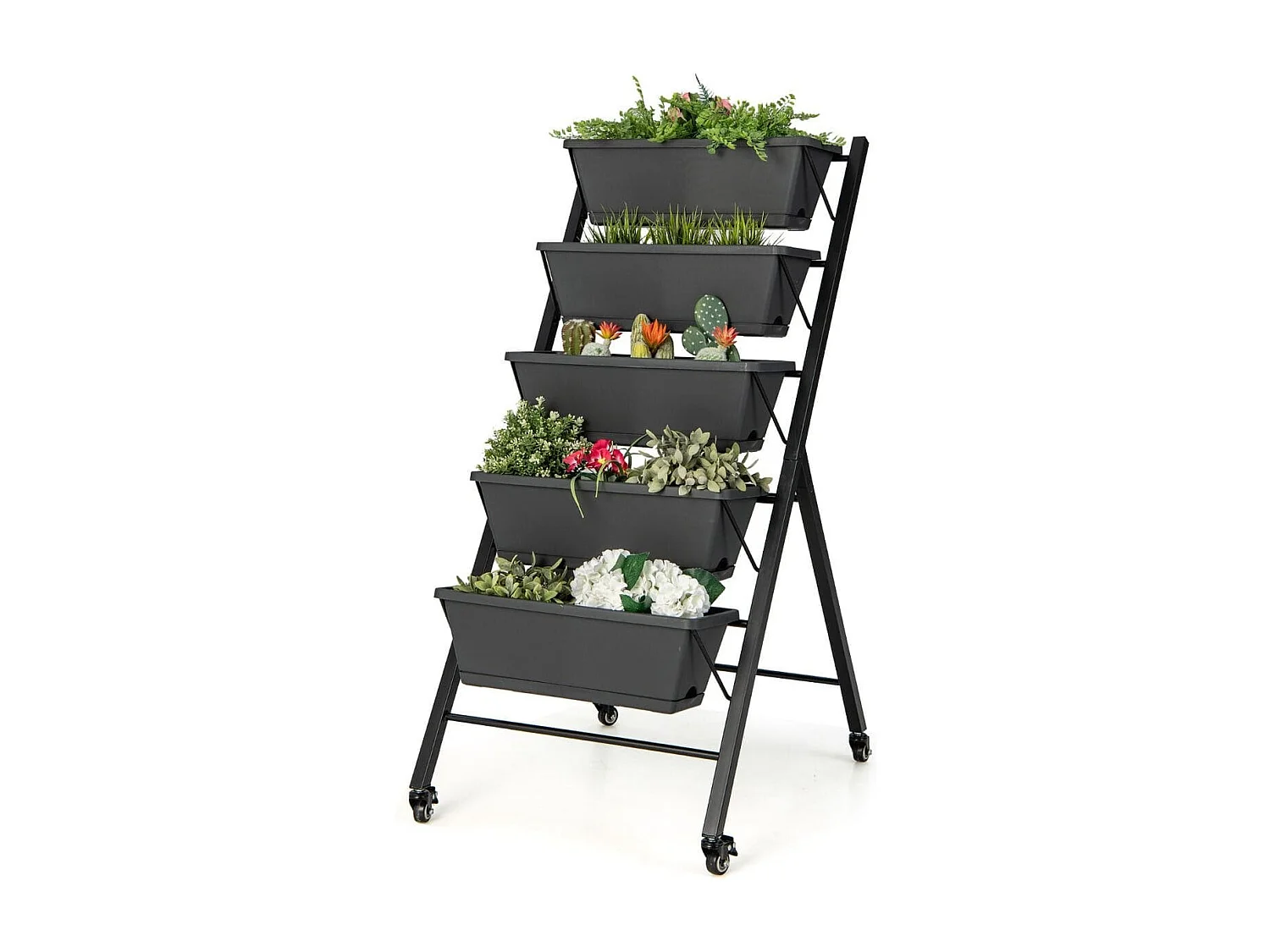 5-stufiges Vertikales Hochbeet mit Rädern & Entwässerungslöchern & Behälterkästen Schwarz