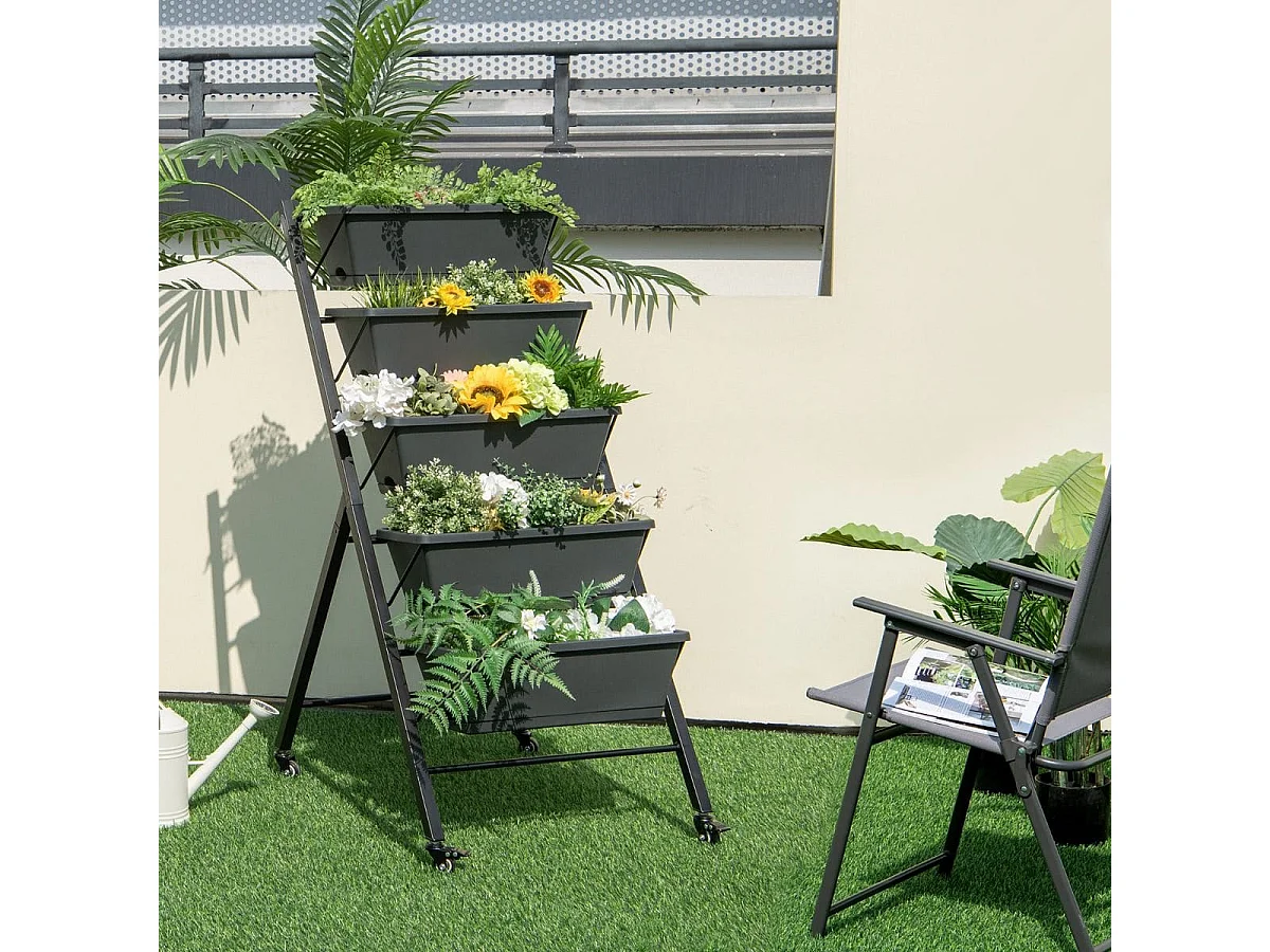 5-stufiges Vertikales Hochbeet mit Rädern & Entwässerungslöchern & Behälterkästen Schwarz