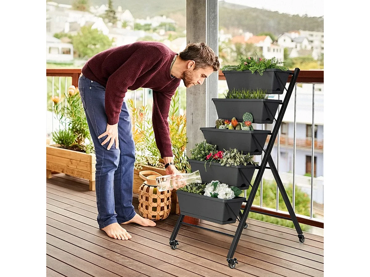 5-stufiges Vertikales Hochbeet mit Rädern & Entwässerungslöchern & Behälterkästen Schwarz