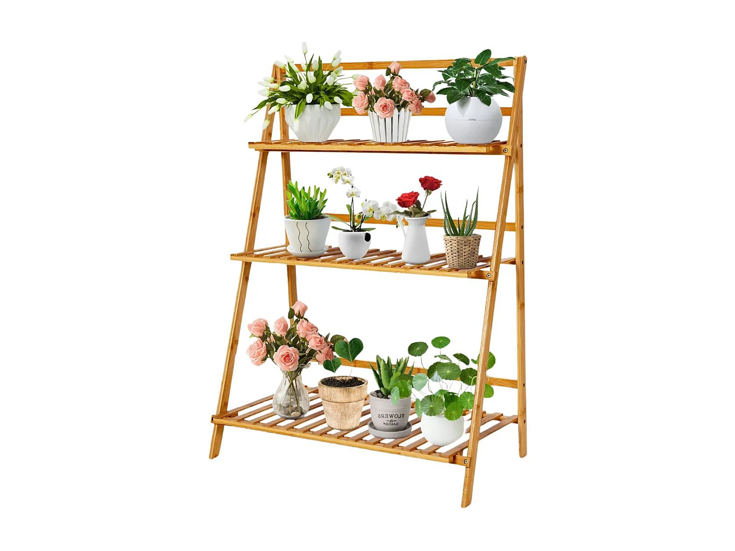 Zusammenklappbarer Pflanzenständer aus Bambus 3-Stufiges Leiterregal 70 x 38 x 95,5 cm Natur