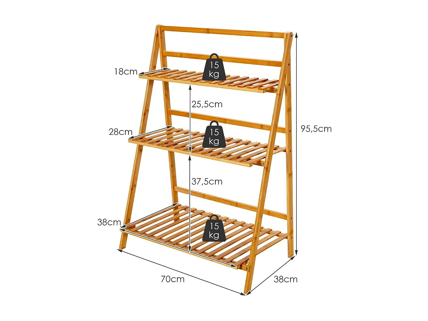 Zusammenklappbarer Pflanzenständer aus Bambus 3-Stufiges Leiterregal 70 x 38 x 95,5 cm Natur