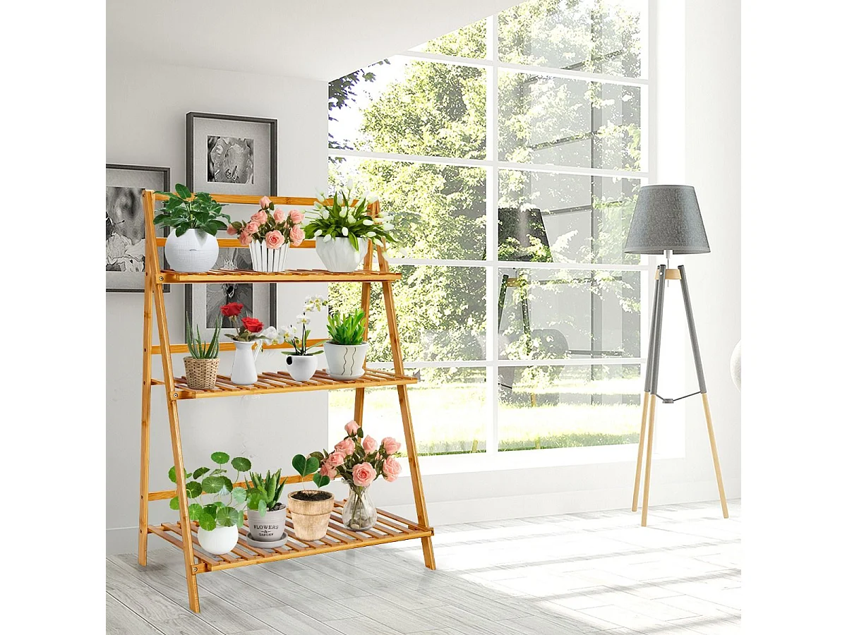 Zusammenklappbarer Pflanzenständer aus Bambus 3-Stufiges Leiterregal 70 x 38 x 95,5 cm Natur