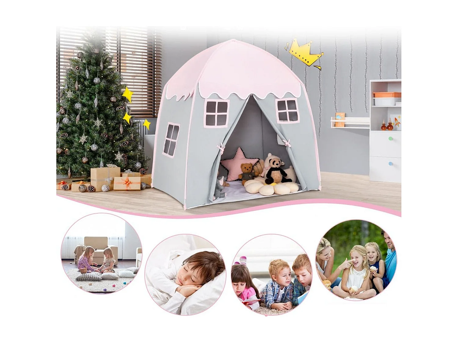 Tenda da gioco per bambini con borsa di trasporto tappetino antiscivolo, Tenda da principesse portatile Rosa